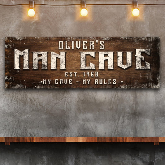 Man cave canvas sign with distressed wood panel and bold MAN CAVE lettering by Tailored Canvases on Tampa Home & Garden Store