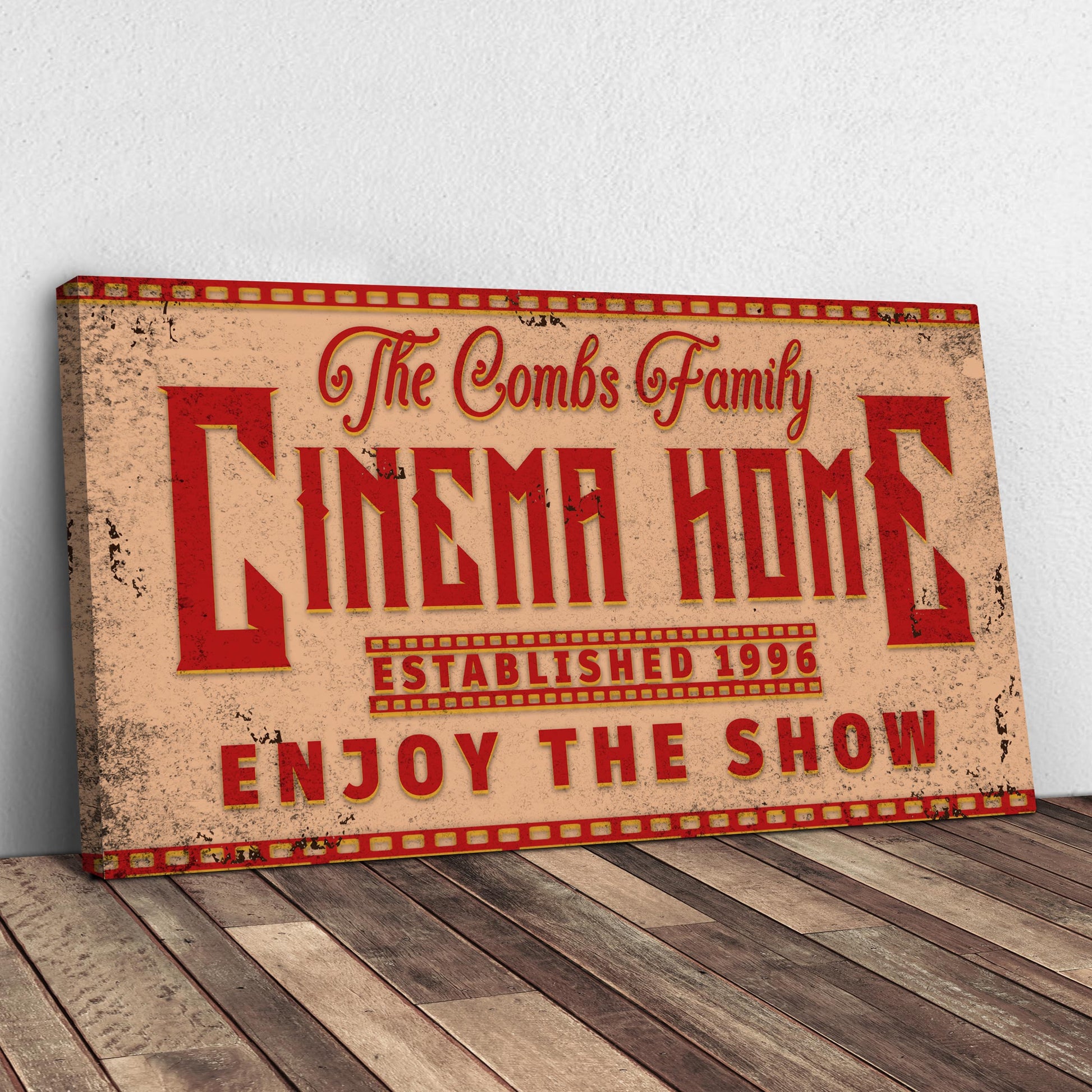 Enjoy The Show Family Cinema Home Sign canvas Tailored Canvases red lettering on beige on Tampa Home & Garden Store