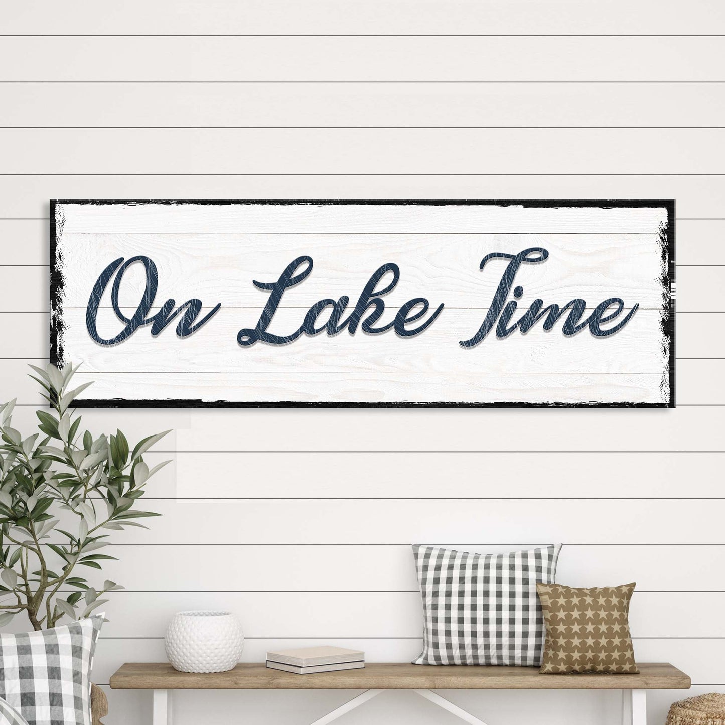 On Lake Time sign canvas by Tailored Canvases, white background with navy script text on Tampa Home & Garden Store