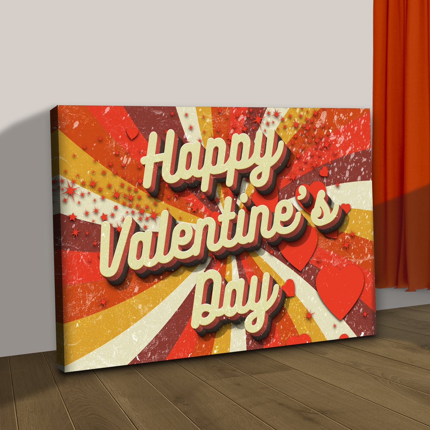 Valentine's Day Sign canvas by Tailored Canvases with cream script on vibrant retro rays on Tampa Home & Garden Store