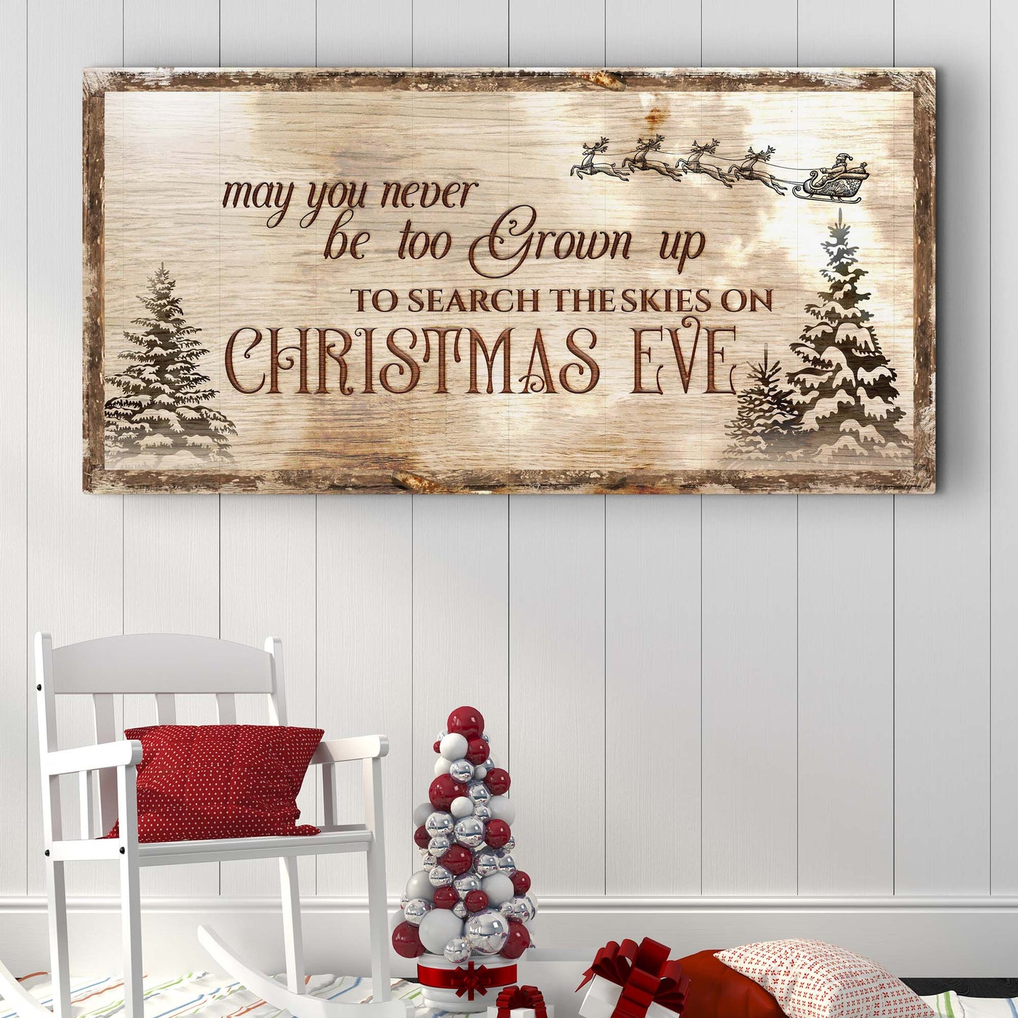 Christmas Eve Farmhouse Sign canvas with wood finish featuring Santa sleigh and trees on Tampa Home & Garden Store