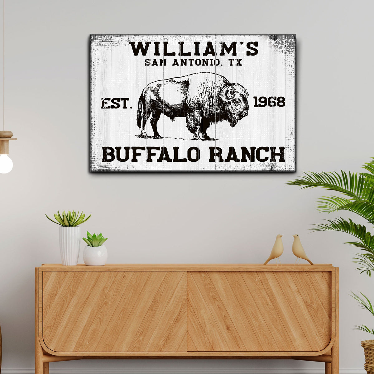 Buffalo Ranch Sign II crafting canvas with rustic black buffalo against distressed white wood on Tampa Home & Garden Store