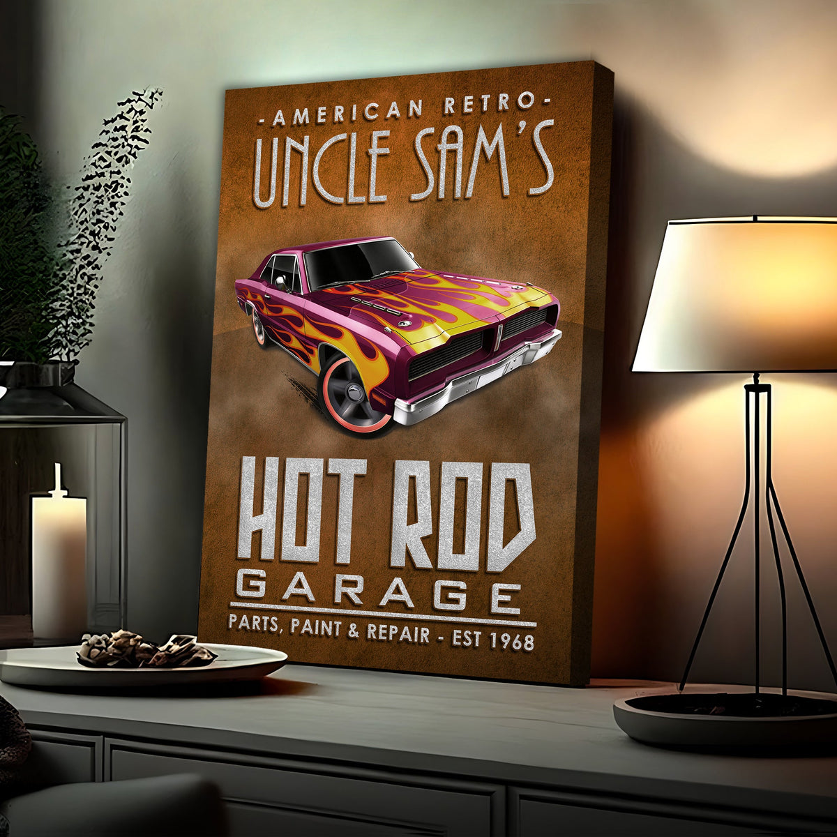 Canvas art American Retro Garage Hot Rod Sign with a flaming purple car on a rusted panel on Tampa Home & Garden Store