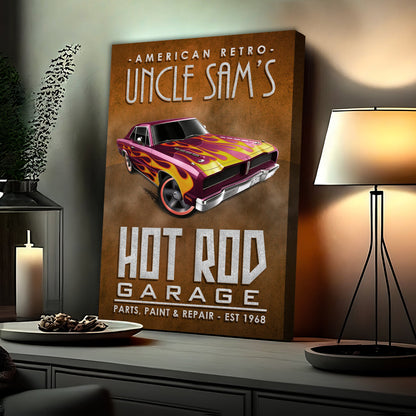 Canvas art American Retro Garage Hot Rod Sign with a flaming purple car on a rusted panel on Tampa Home & Garden Store