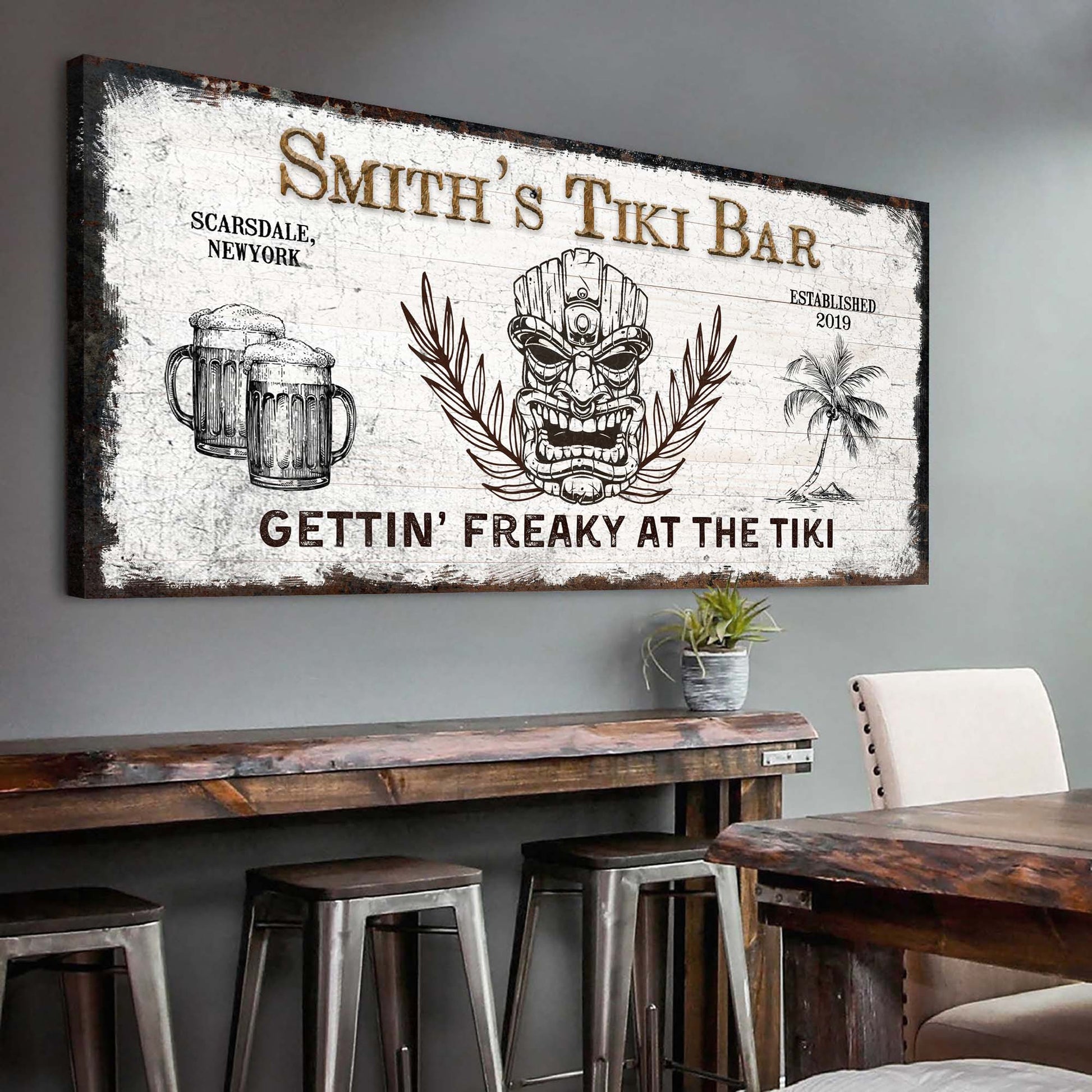 Tiki Bar Sign II canvas craft artwork with distressed panel and tiki mask by Tailored Canvases on Tampa Home & Garden Store