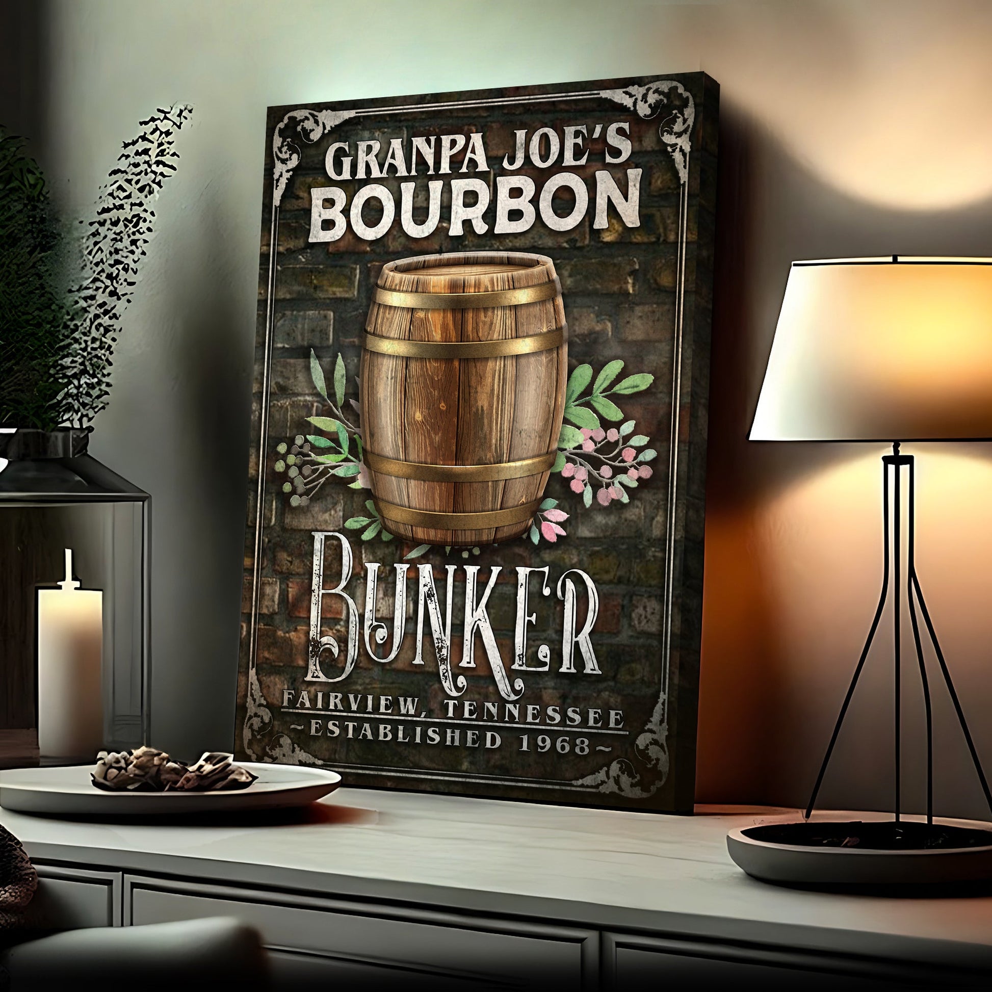 Bourbon Bunker Sign canvas with rustic brick backdrop and wooden barrel prop on Tampa Home & Garden Store