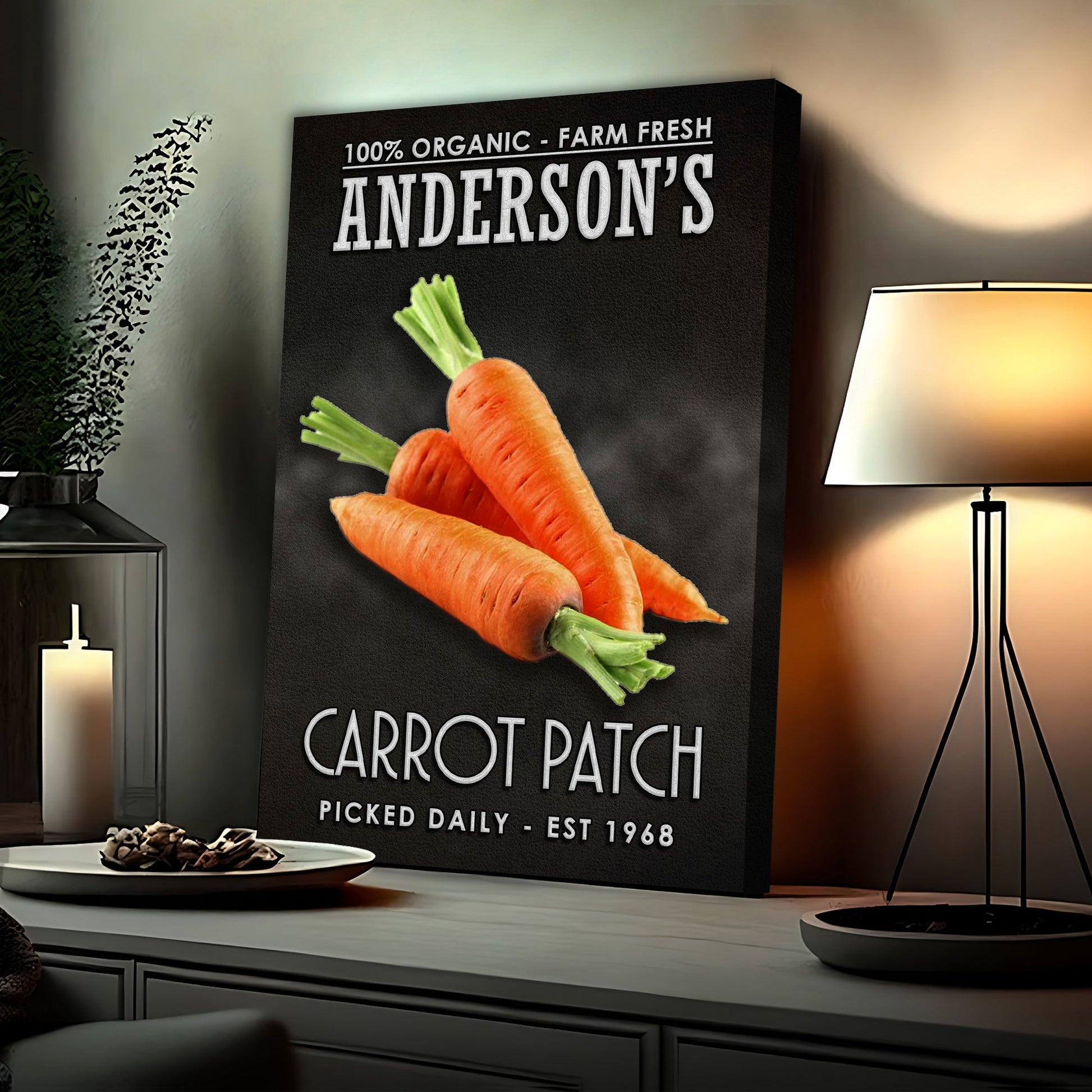 Canvas sign 100% Organic Farm Fresh Anderson's carrot patch with bright orange carrots on Tampa Home & Garden Store