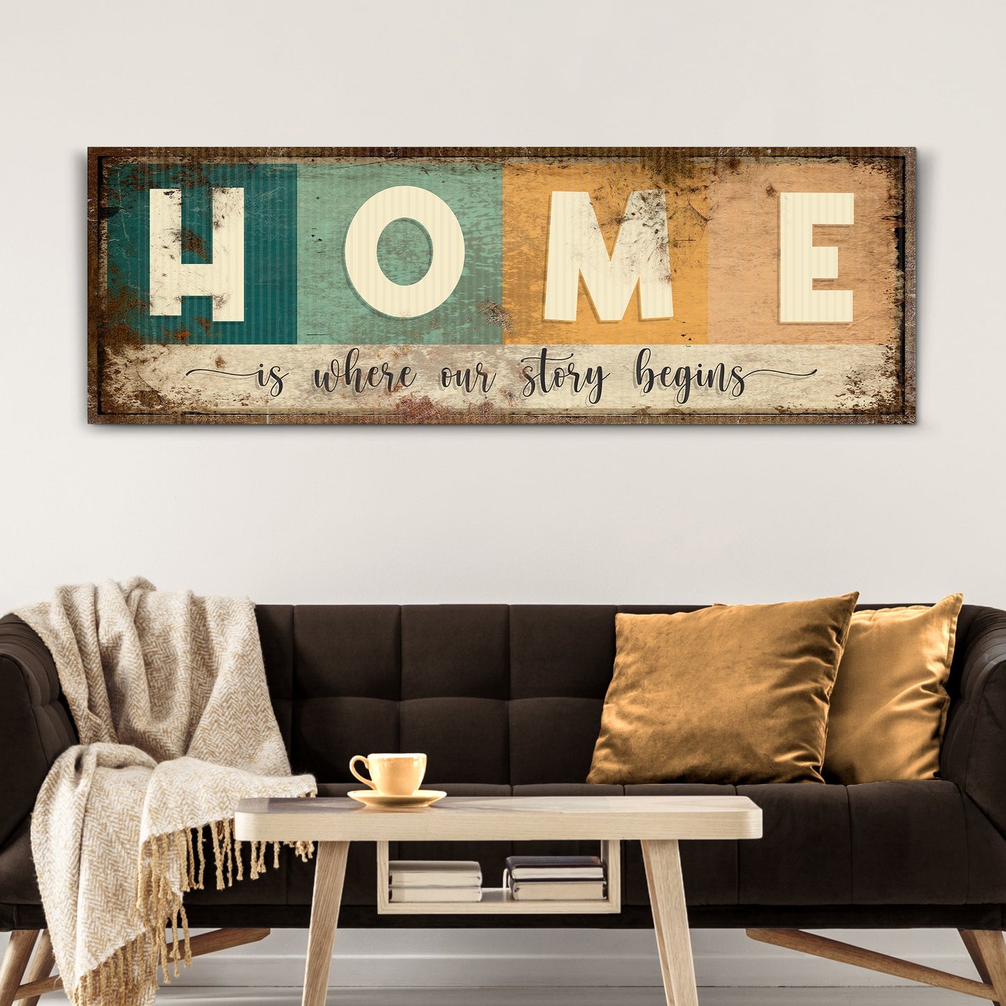 Home Is Where Our Story Begins Sign III canvas with distressed multicolor panels on Tampa Home & Garden Store