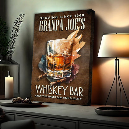 Only The Finest Whiskey Bar Sign canvas with rustic wood panel and GRANPA JOE'S lettering on Tampa Home & Garden Store
