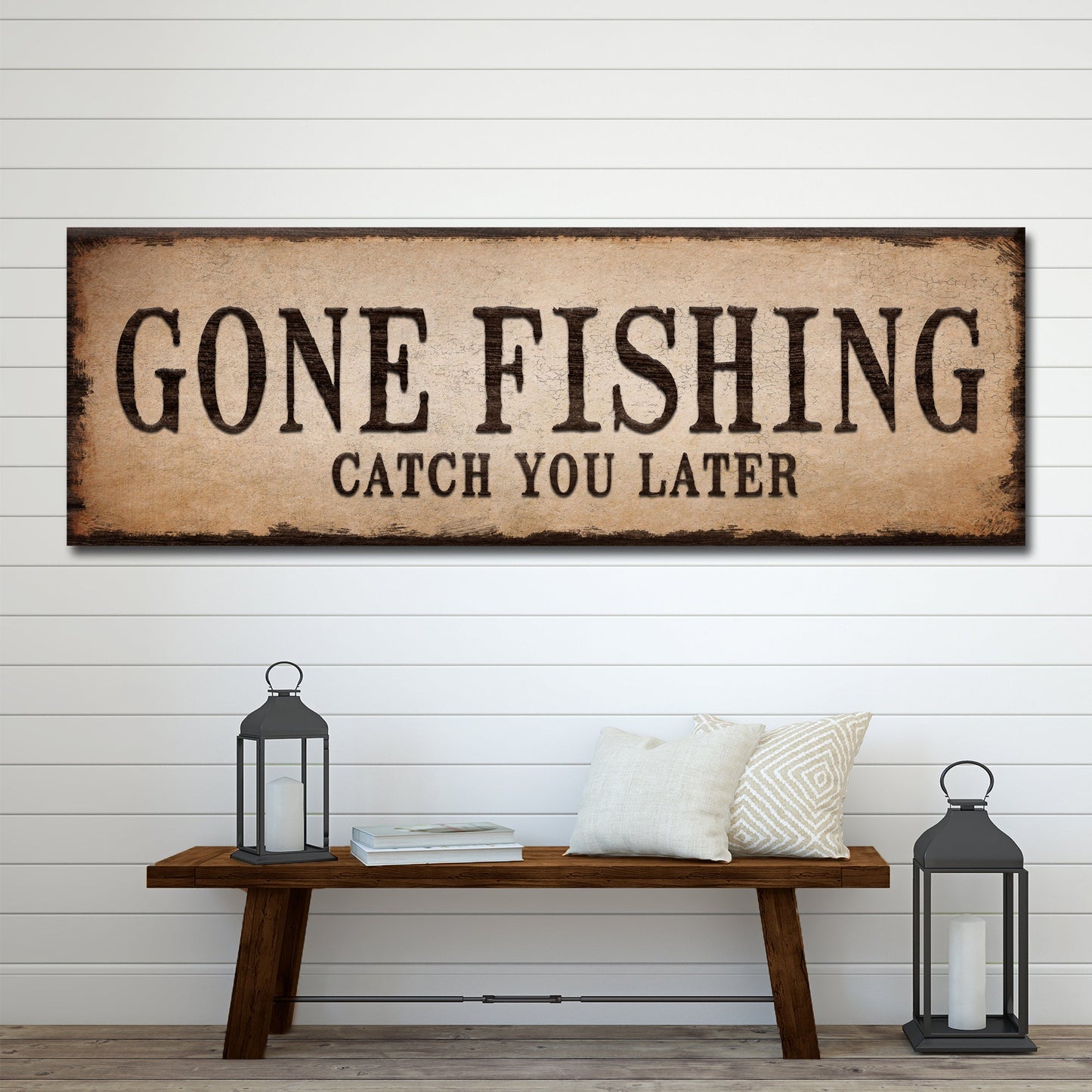 Catch You Later Gone Fishing Sign II canvas wall art with distressed parchment background on Tampa Home & Garden Store