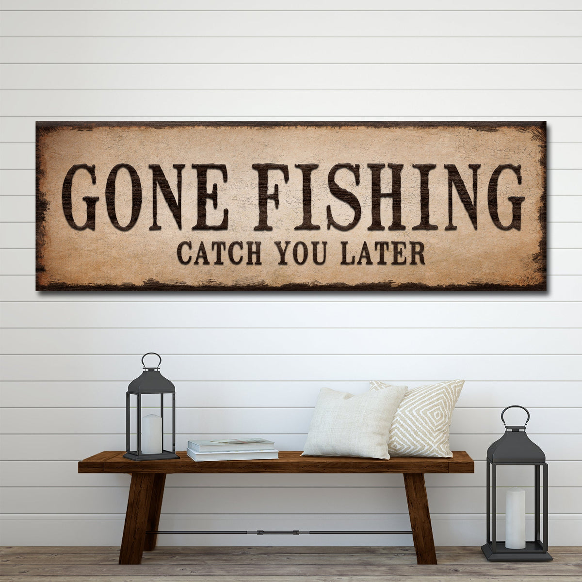 Catch You Later Gone Fishing Sign II canvas wall art with distressed parchment background on Tampa Home & Garden Store