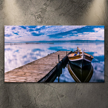 Boat Seascape Canvas Wall Art by Tailored Canvases; boat at the pier on calm blue water on Tampa Home & Garden Store