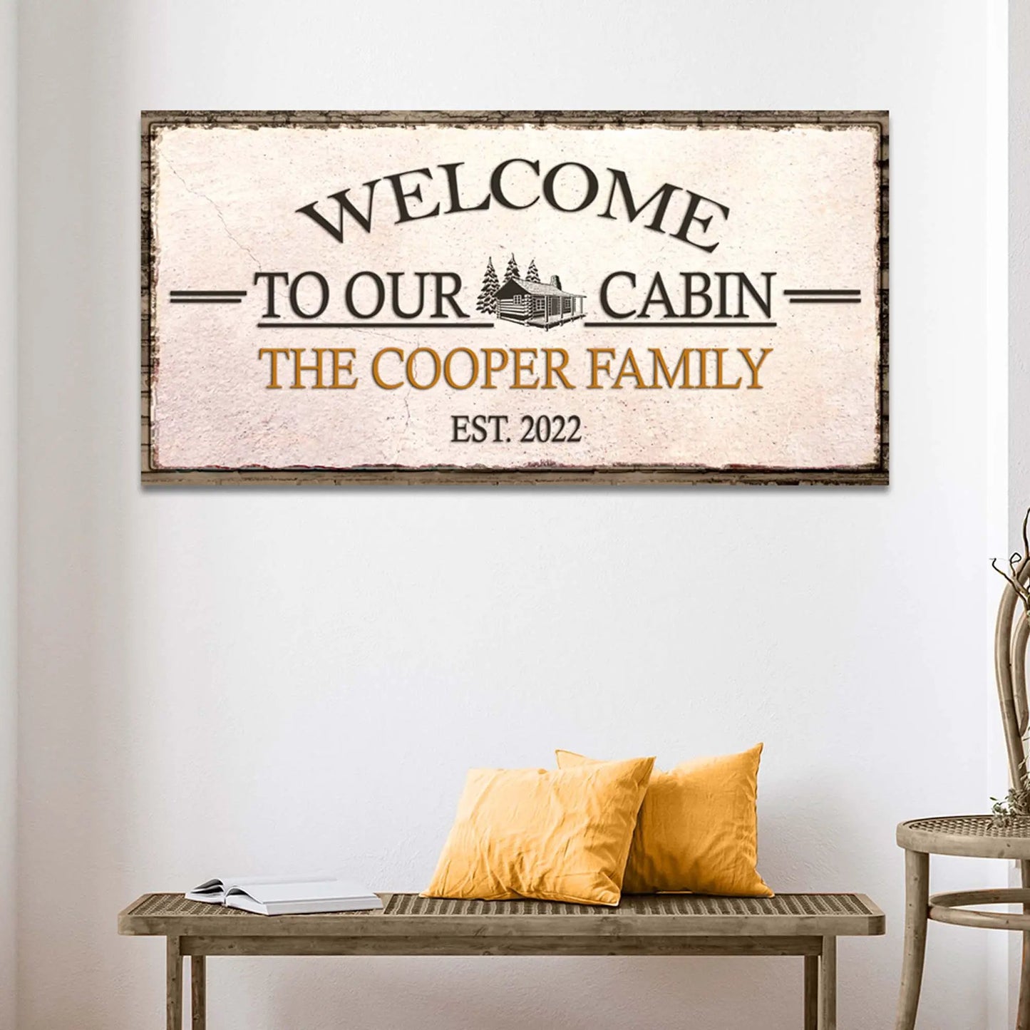 Canvas sign Welcome To Our Cabin with rustic beige texture and cabin illustration on Tampa Home & Garden Store
