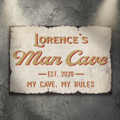 My Cave My Rules Man Cave sign canvas with distressed finish and gold script lettering EST. 2020 on Tampa Home & Garden Store