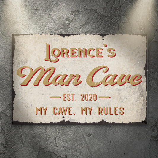 My Cave My Rules Man Cave sign canvas with distressed finish and gold script lettering EST. 2020 on Tampa Home & Garden Store