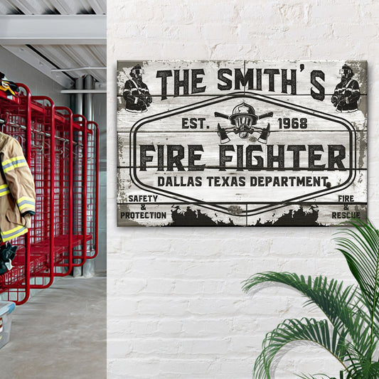Fire & Rescue Fire Fighter Sign with vintage distressed wood panel and bold black lettering on Tampa Home & Garden Store
