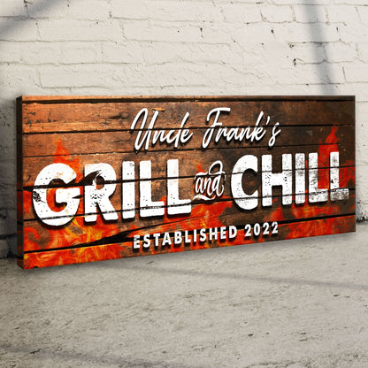 Grill And Chill Sign II canvas on rustic wood plank background with bold white lettering on Tampa Home & Garden Store