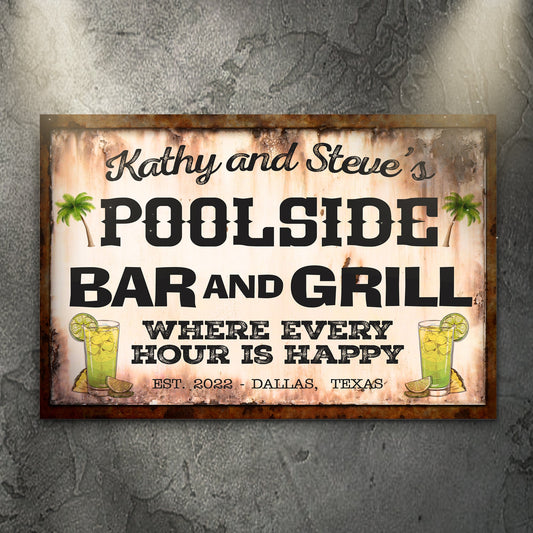 Poolside Bar and Grill Sign III canvas by Tailored Canvases with palm trees and lime drinks on Tampa Home & Garden Store