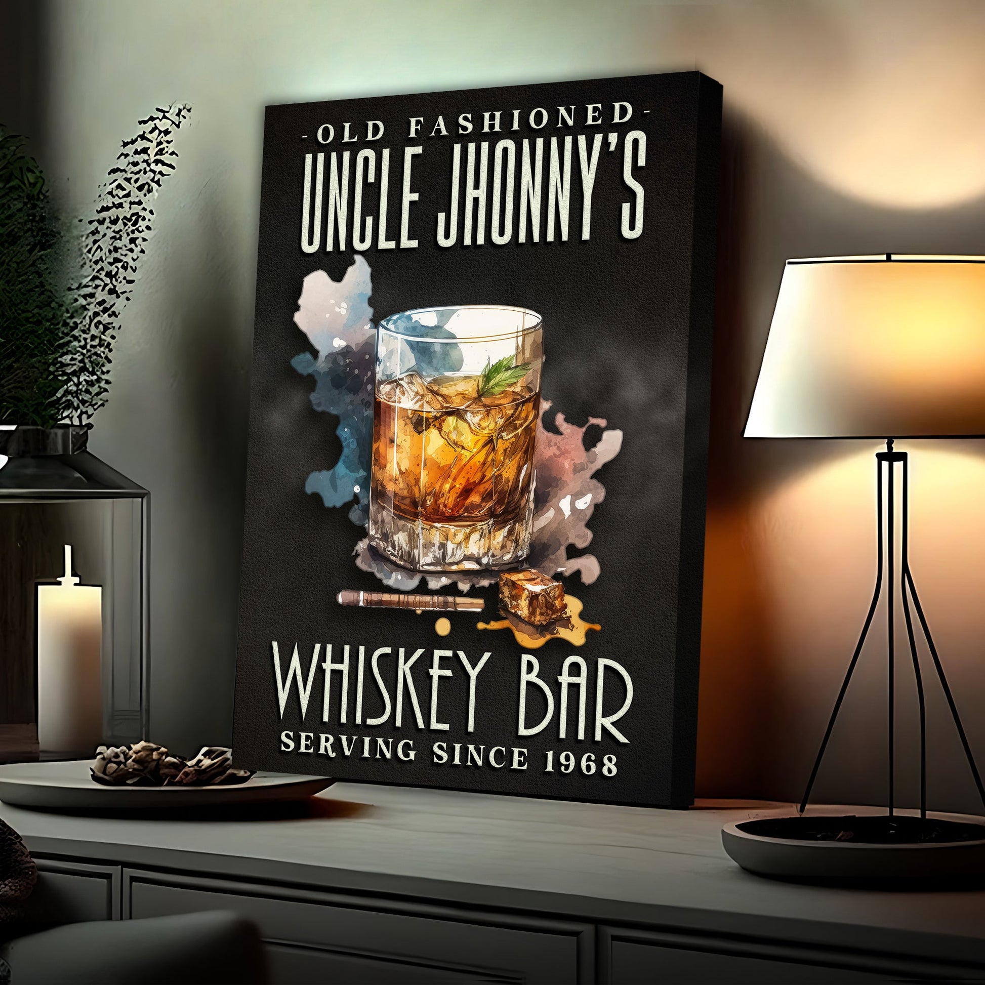Old Fashioned Whiskey Bar Sign canvas with a whiskey glass and bold UNCLE JOHNNY'S text on Tampa Home & Garden Store