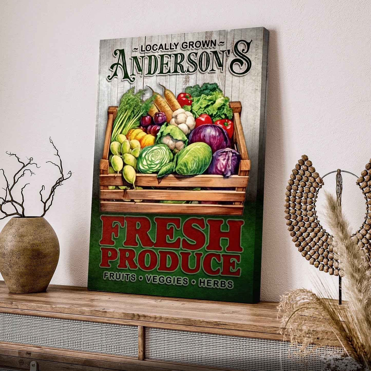Locally Grown Produce sign on canvas by Tailored Canvases with a crate of veggies on Tampa Home & Garden Store
