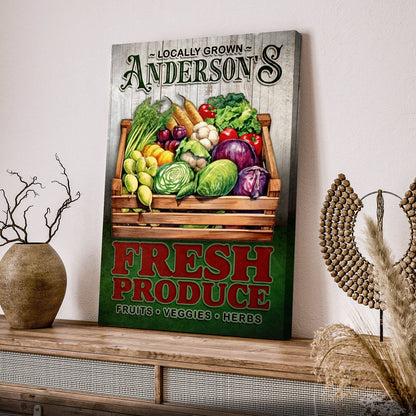 Locally Grown Produce sign on canvas by Tailored Canvases with a crate of veggies on Tampa Home & Garden Store