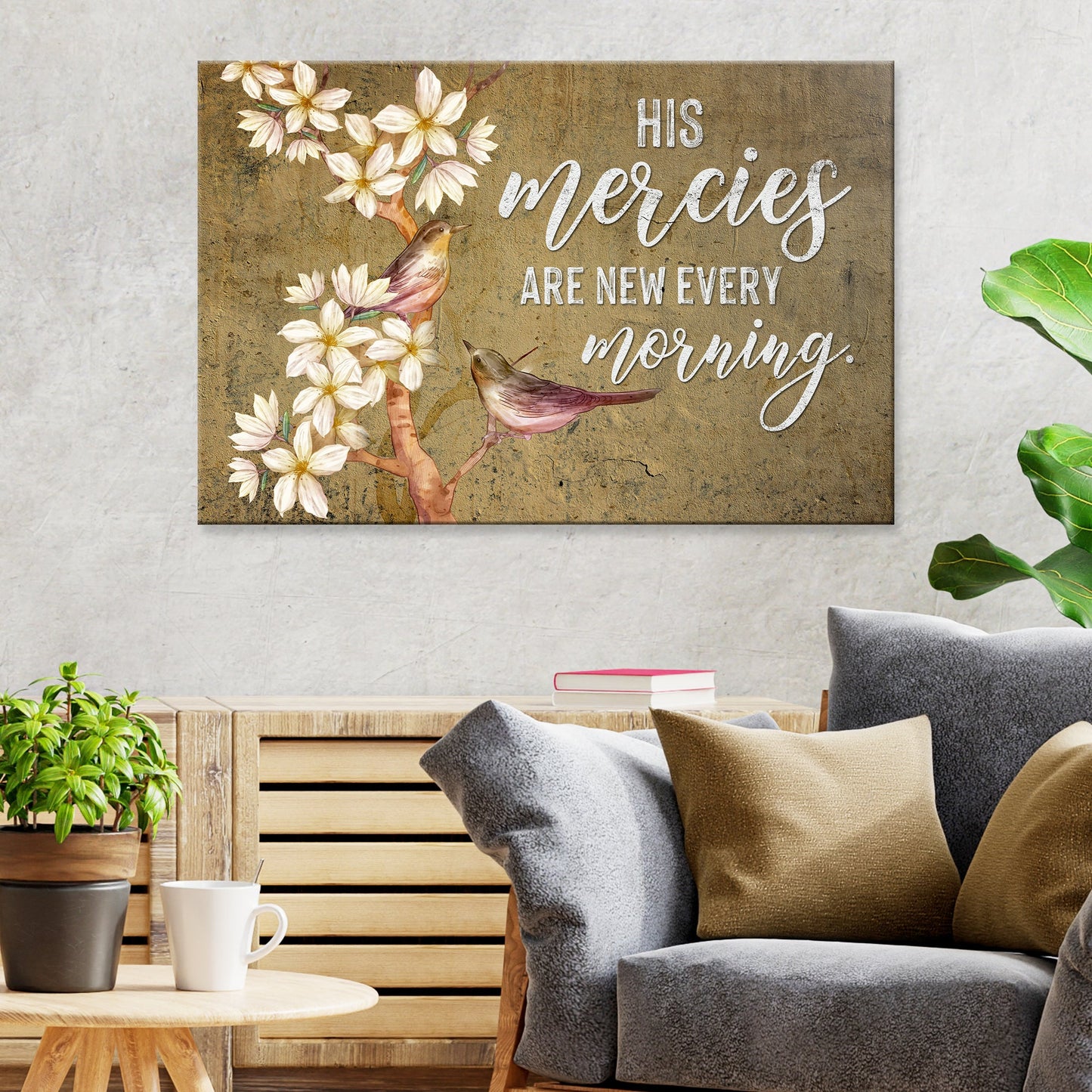 His Mercies Are New Every Morning Sign II canvas by Tailored Canvases, brown backdrop on Tampa Home & Garden Store