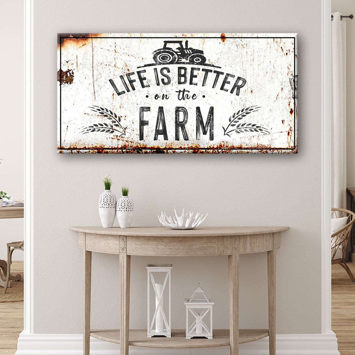 Canvas sign Life Is Better On The Farm II by Tailored Canvases; white background with tractor on Tampa Home & Garden Store