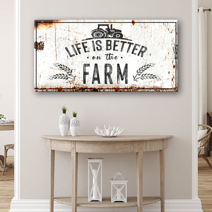 Canvas sign Life Is Better On The Farm II by Tailored Canvases; white background with tractor on Tampa Home & Garden Store
