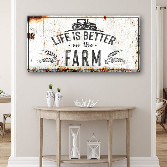 Canvas sign Life Is Better On The Farm II by Tailored Canvases; white background with tractor on Tampa Home & Garden Store