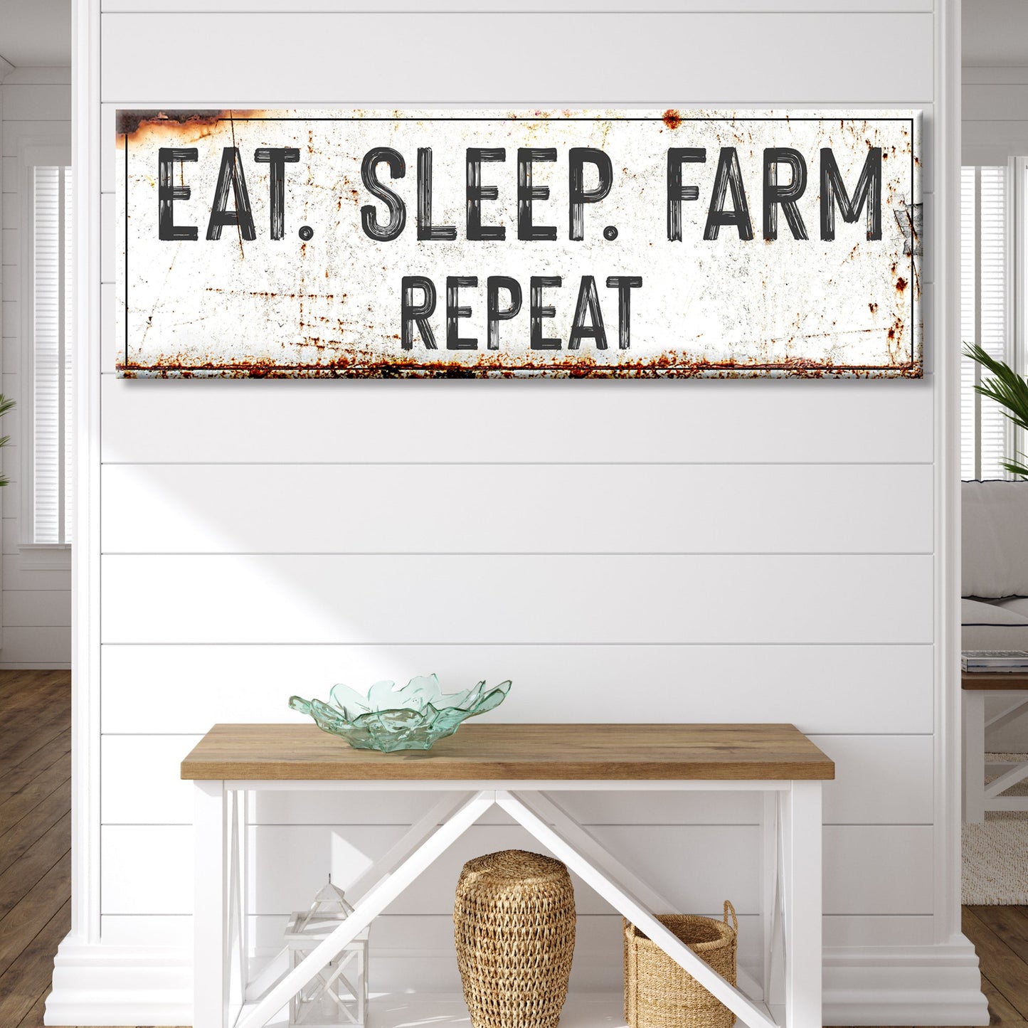 Eat Sleep Farm Repeat canvas sign by Tailored Canvases, rustic background with black text on Tampa Home & Garden Store