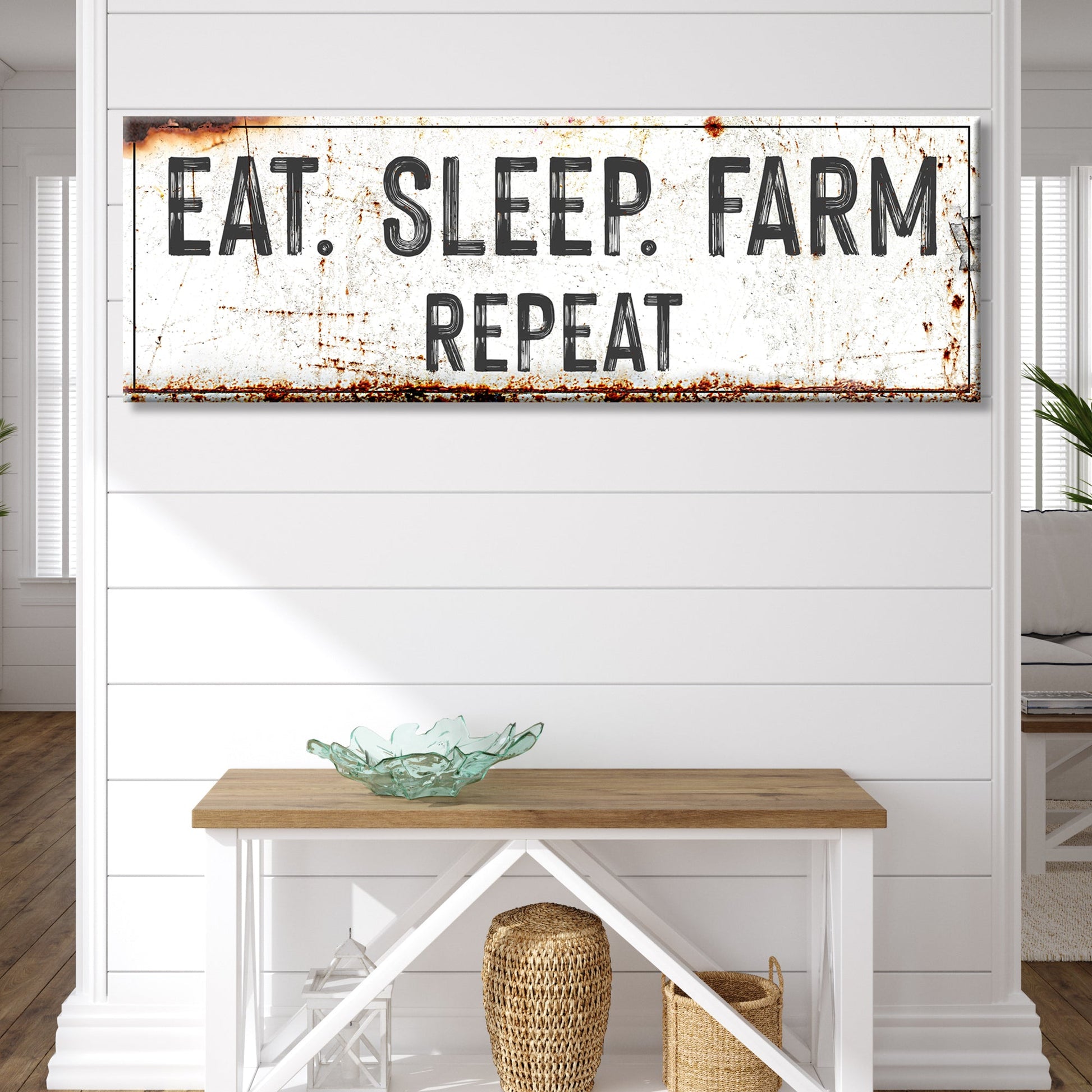 Eat Sleep Farm Repeat canvas sign by Tailored Canvases, rustic background with black text on Tampa Home & Garden Store