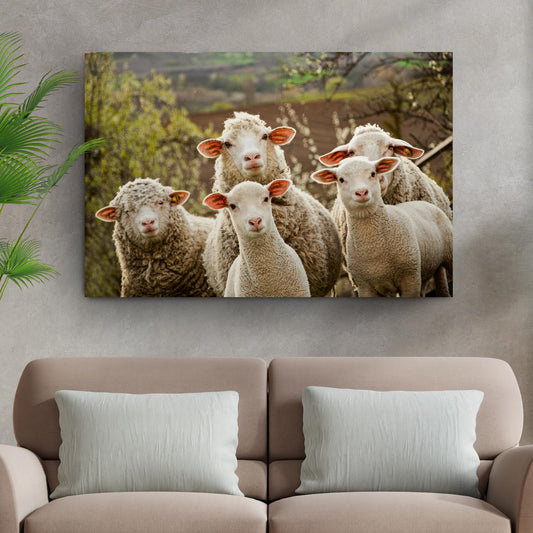 Curious Sheep Canvas Wall Art featuring a herd of white sheep in a pastoral scene on Tampa Home & Garden Store