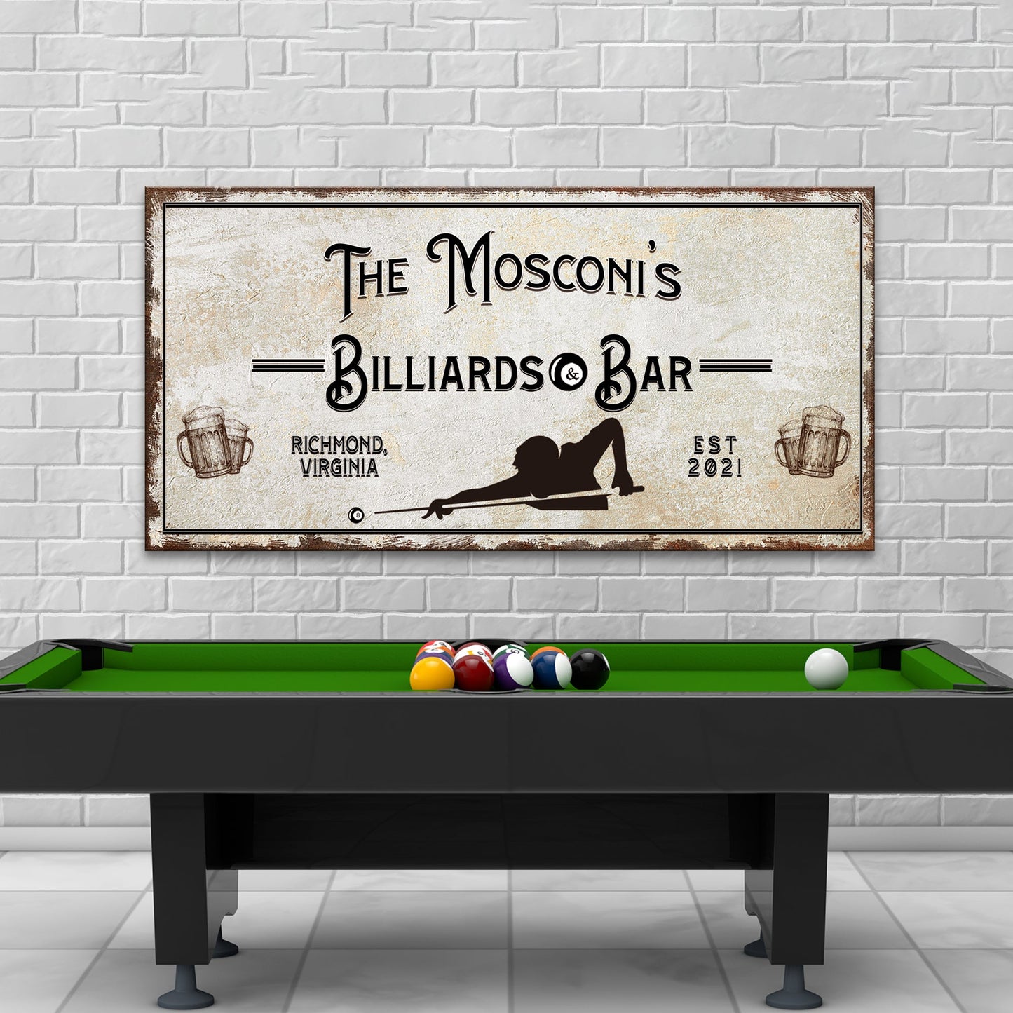 Billiards And Bar Sign II canvas Tailored Canvases beige sign reading The Mosconi's Billiards on Tampa Home & Garden Store
