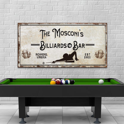 Billiards And Bar Sign II canvas Tailored Canvases beige sign reading The Mosconi's Billiards on Tampa Home & Garden Store