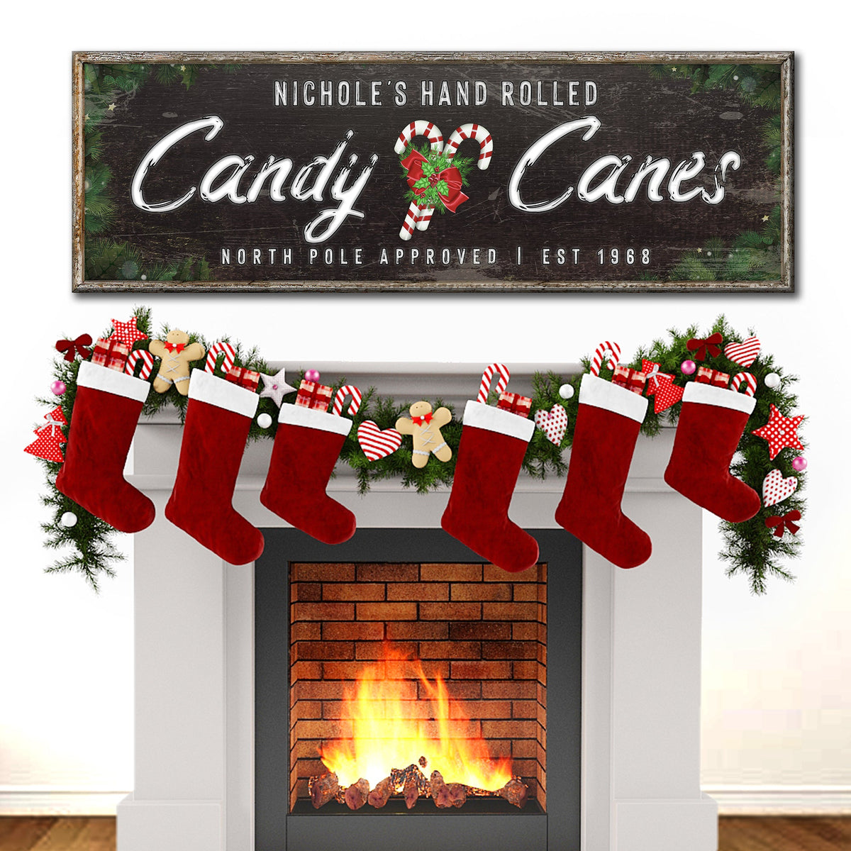 North Pole Candy Canes Sign canvas by Tailored Canvases with candy canes greenery on Tampa Home & Garden Store