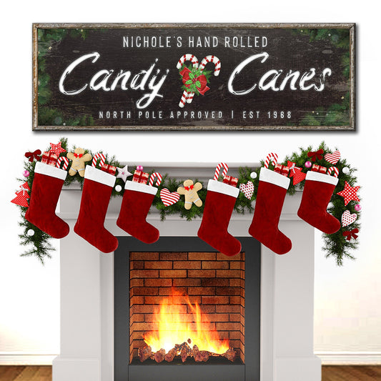 North Pole Candy Canes Sign canvas by Tailored Canvases with candy canes greenery on Tampa Home & Garden Store
