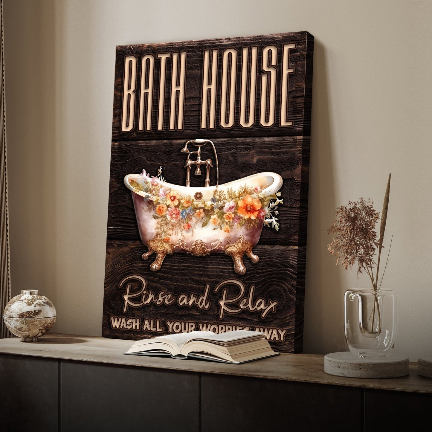 Canvas sign Rinse And Relax Bath House Sign with tub motif by Tailored Canvases on Tampa Home & Garden Store