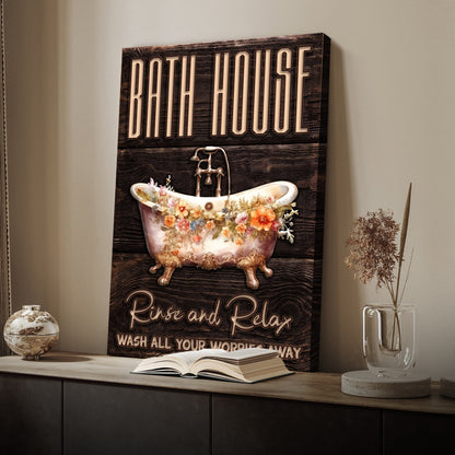 Canvas sign Rinse And Relax Bath House Sign with tub motif by Tailored Canvases on Tampa Home & Garden Store