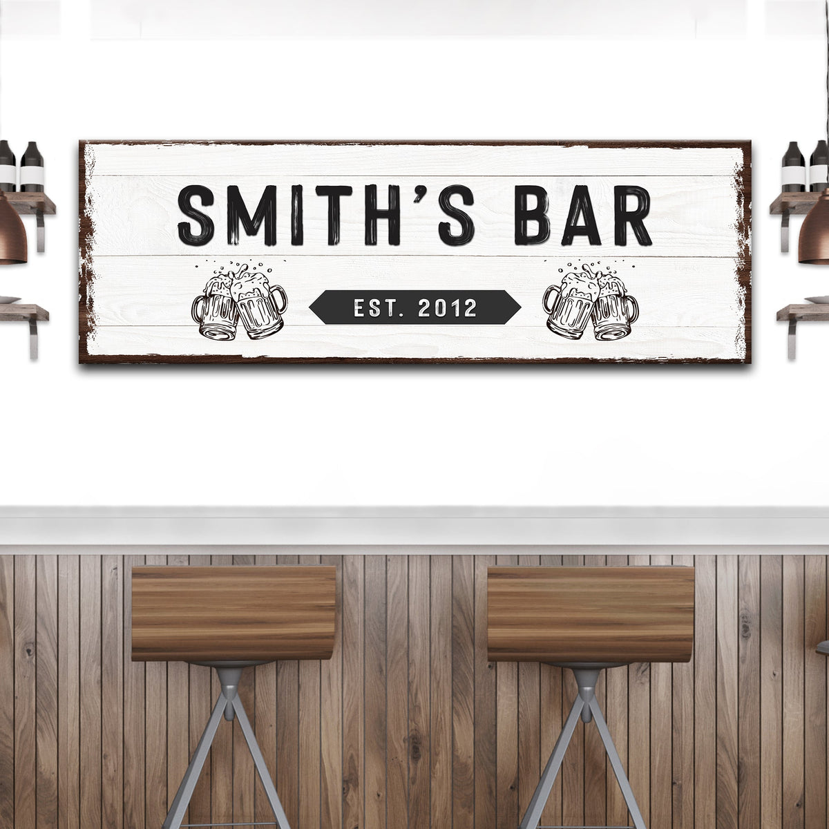 Family Bar Sign canvas with distressed white wood background and bold SMITH'S BAR lettering on Tampa Home & Garden Store
