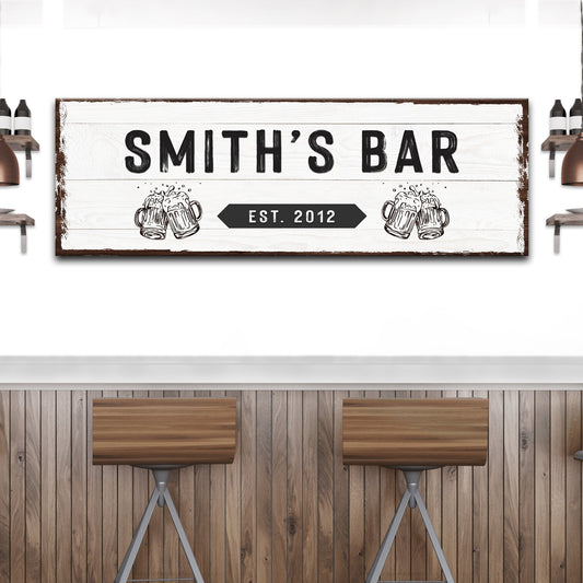 Family Bar Sign canvas with distressed white wood background and bold SMITH'S BAR lettering on Tampa Home & Garden Store