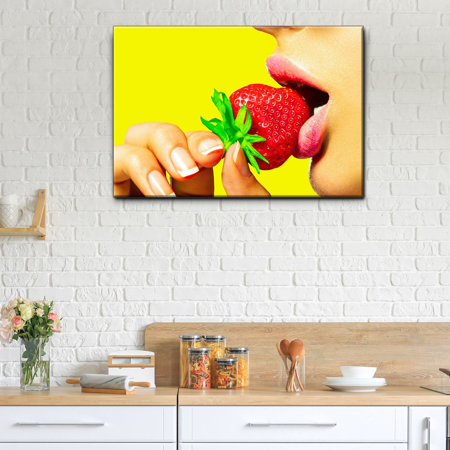 Fruits Strawberry Lips Canvas Tailored Canvases lips bite strawberry on yellow background on Tampa Home & Garden Store