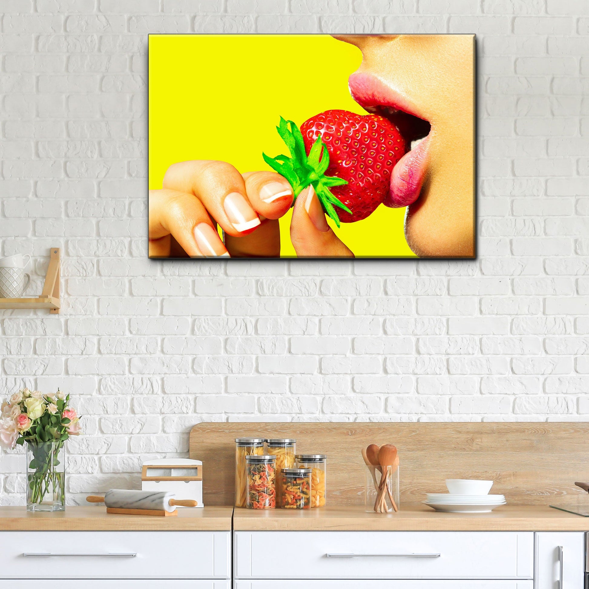 Fruits Strawberry Lips Canvas Tailored Canvases lips bite strawberry on yellow background on Tampa Home & Garden Store