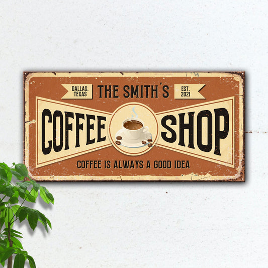 Coffee shop canvas sign with vintage brown design and coffee cup Dallas TX est 2021 on Tampa Home & Garden Store