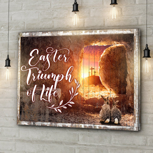Canvas sign Easter Triumph Of Life by Tailored Canvases; rustic framed canvas with rabbits on Tampa Home & Garden Store