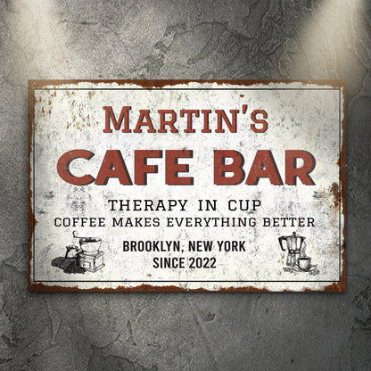 Cafe Bar Sign canvas by Tailored Canvases, sign with red cafe bar lettering and coffee imagery on Tampa Home & Garden Store