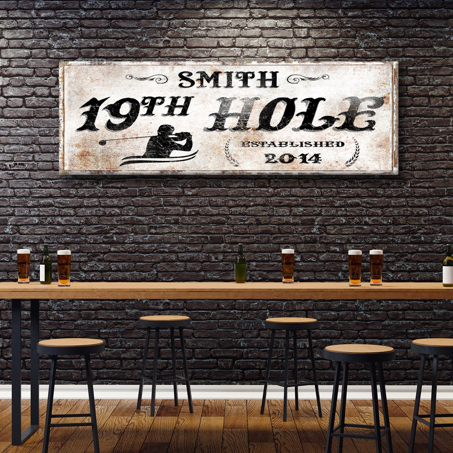 19th Hole Sign canvas by Tailored Canvases; rustic beige panel with golf motif on brick wall on Tampa Home & Garden Store