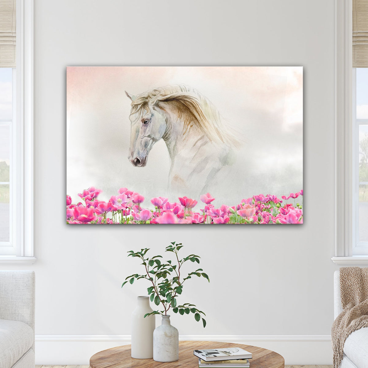 Floral White Horse Canvas Wall Art watercolor horse with pink flowers by Tailored Canvases on Tampa Home & Garden Store