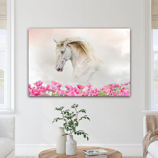 Floral White Horse Canvas Wall Art watercolor horse with pink flowers by Tailored Canvases on Tampa Home & Garden Store
