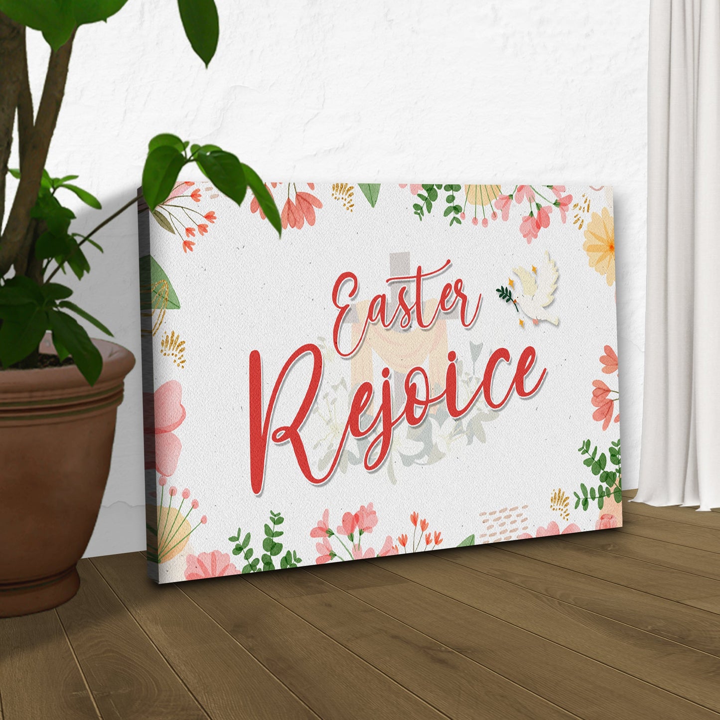 Easter Rejoice Sign canvas with pastel floral border on Tampa Home & Garden Store
