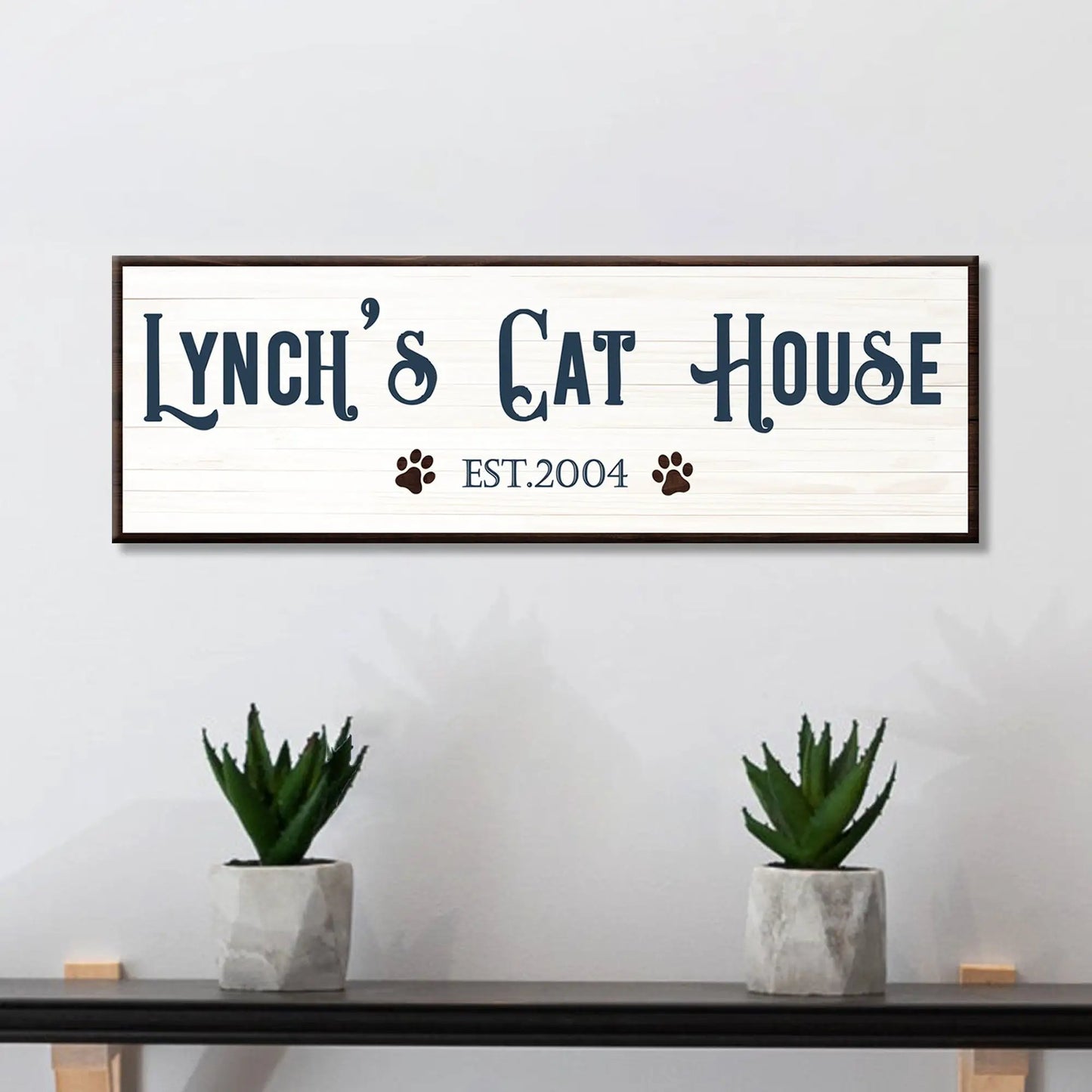 Cat House Sign canvas with navy lettering on whitewashed wood, dark wood frame Tailored Canvases on Tampa Home & Garden Store